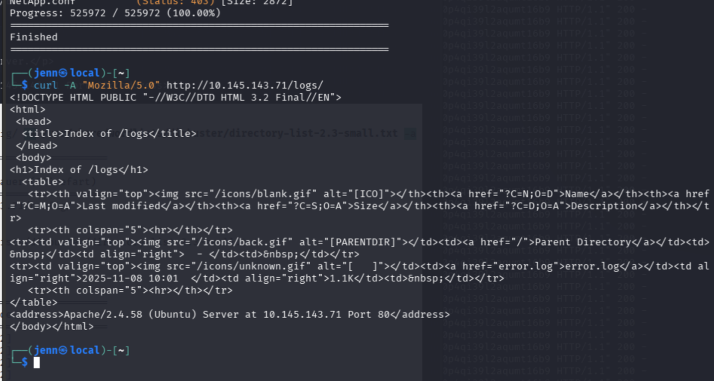curl on /logs/ returning directory listing with error.log